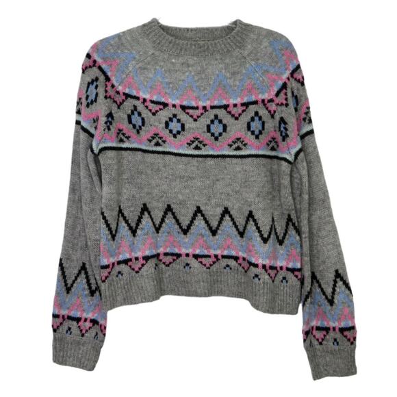 Vintage Arizona Fair Isle Sweater Gray Pink Preppy Geometric Knit Sweater Medium - Picture 2 of 5